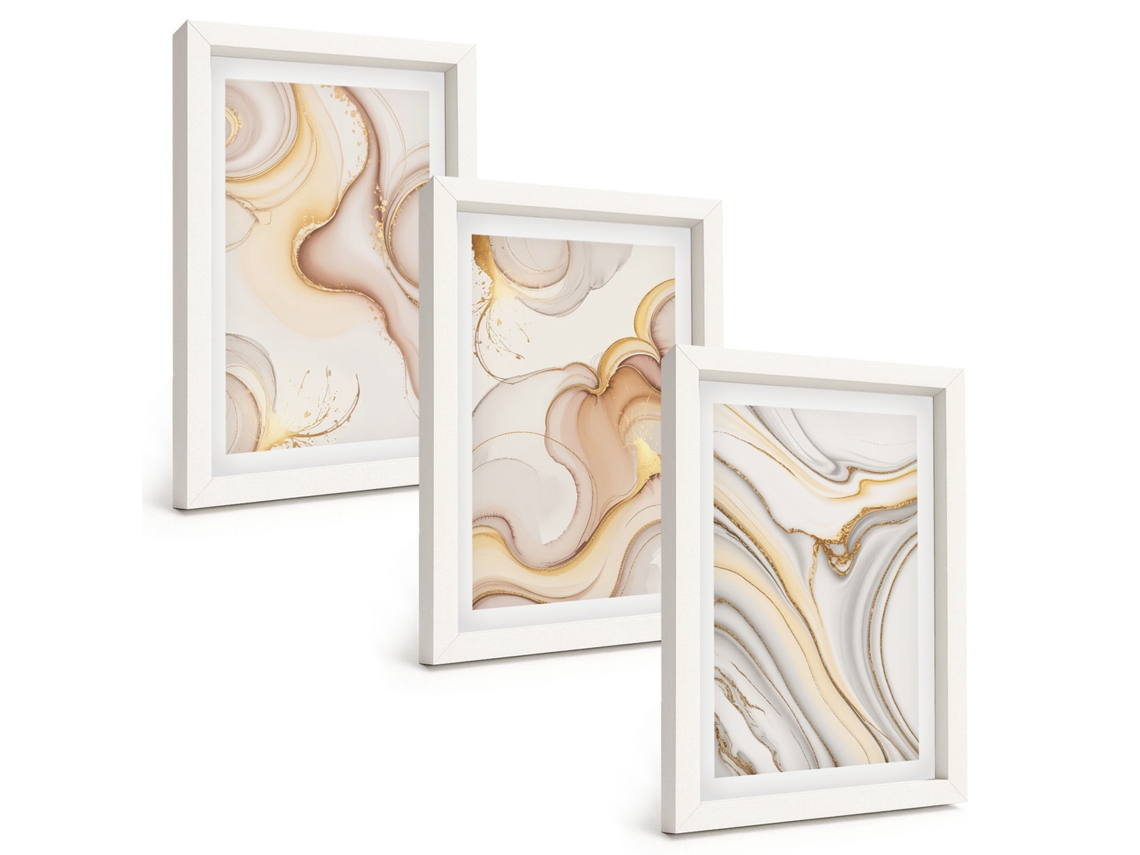 Conjunto De Pinturas Motivos Abstratos Lineares Moldura Branca Quadros Para A Sala De Estar Espelharte (3 Peças 20x30 Cm)