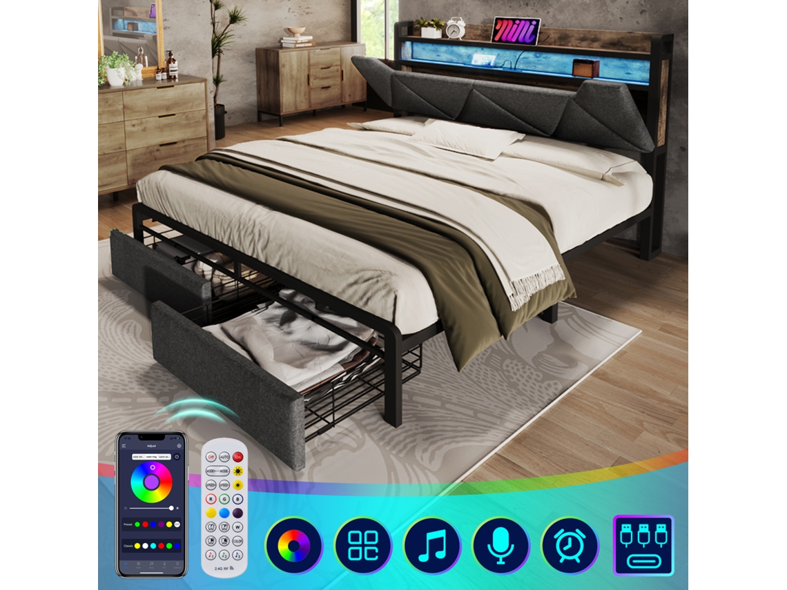 Cama Box 160x200 Cinza Com Usb-c, Armário, Led E Gavetas Sem Colchão