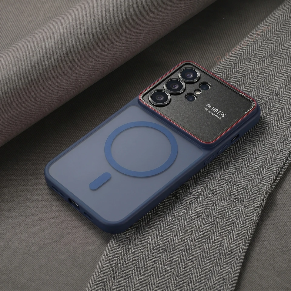 Capa Magnética De Luxo Para Celular (samsung S24 Ultra Azul Escuro), Com Protetor De Lente Fosco Para A Câmera.