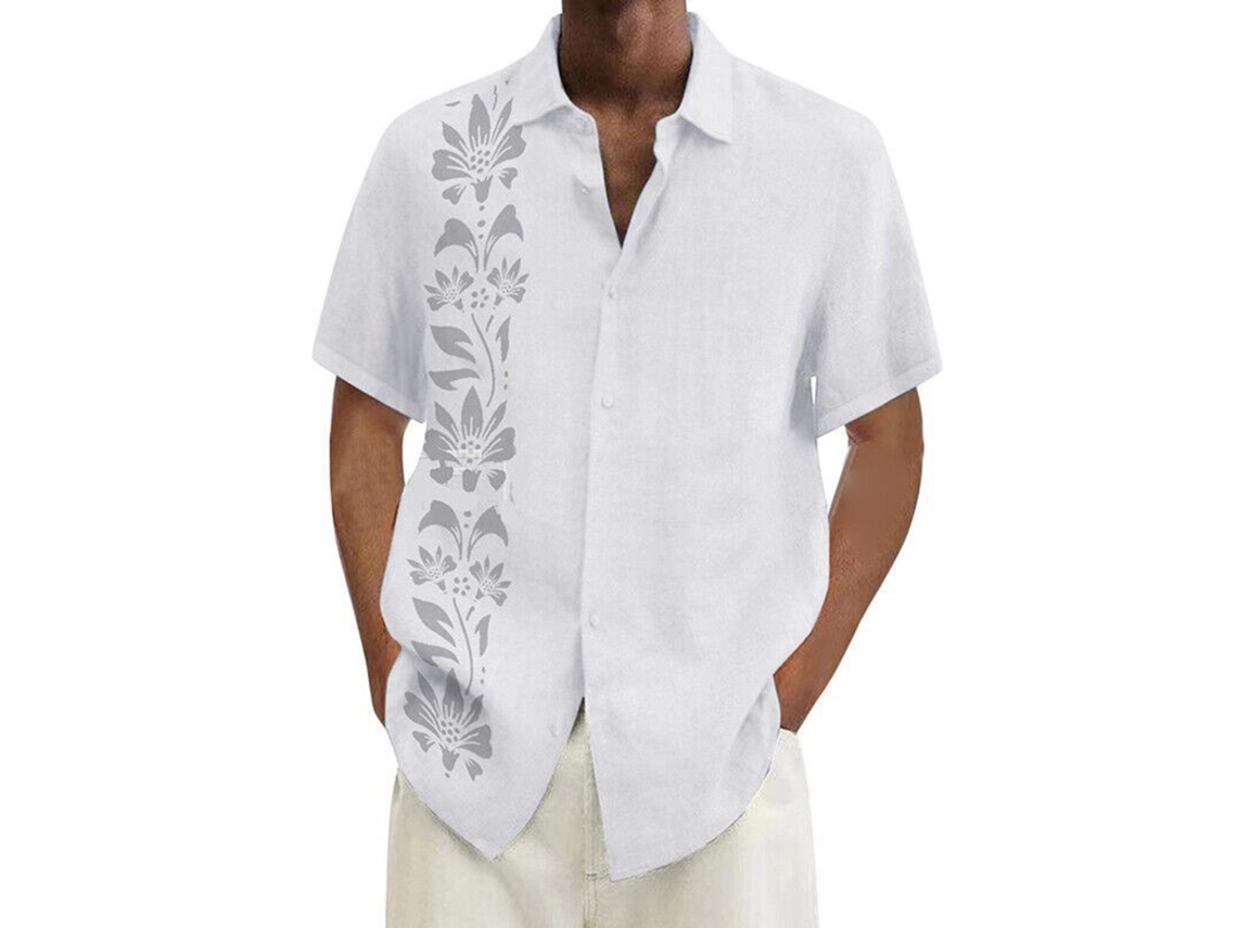Camisa Masculina Manga Curta Estampada Leve Confortável Algodão Branco XL