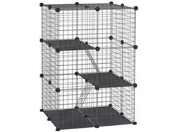 Recinto para pequenos animais, gaiola modular, 3 níveis, 39 painéis, rampas, metal, 70x70x105 cm, Preto | S/MARCA