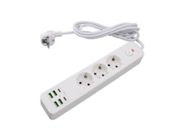 Adaptador de tomada para viagem europeu (3 tomadas Furo, 4 portas USB-A + 2 portas USB)