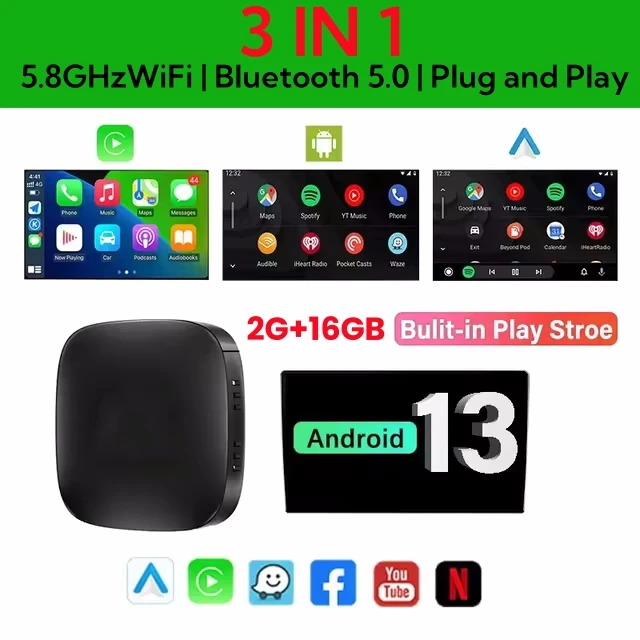 Caixa Ai De Carro Android13 Carplay Android Auto Wireless, Suporta Netflix Youtube, Para Múltiplos Modelos 2gb+16gb
