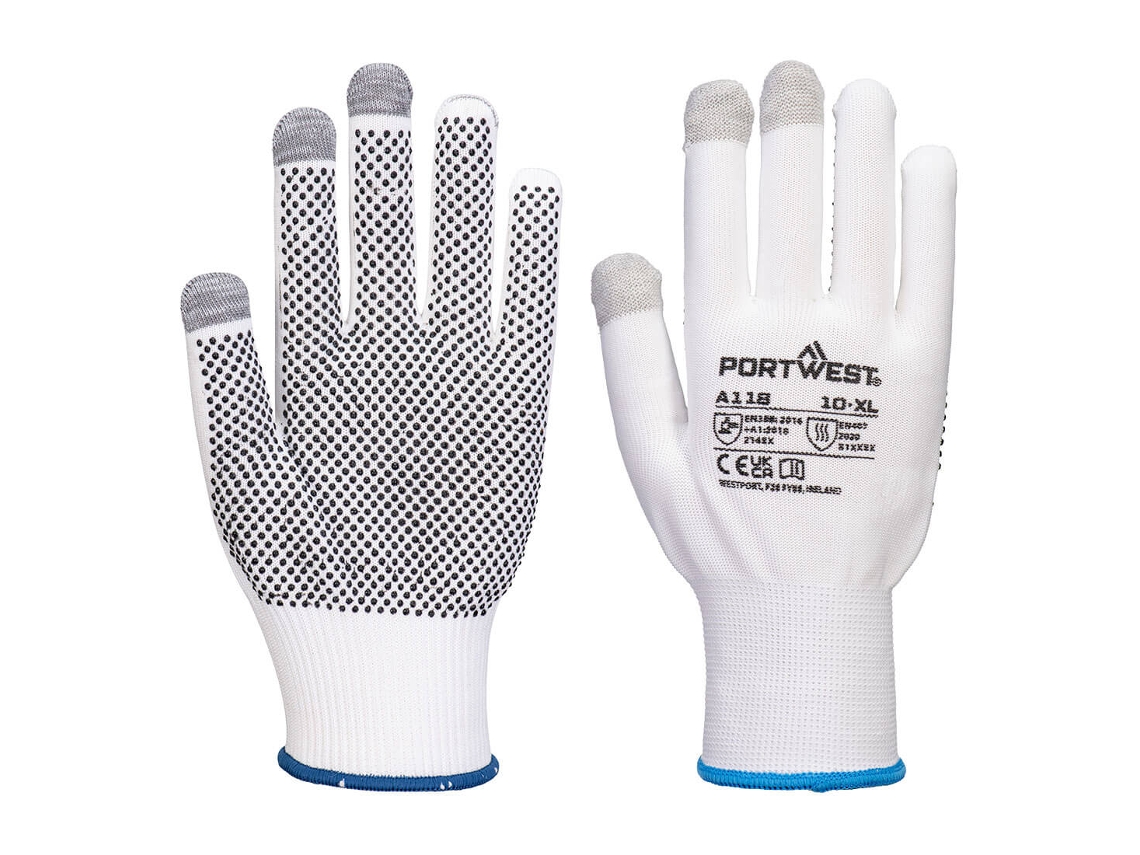 Luvas Touchscreen Pontilhadas De Pvc Grip 13 Pacote De 12 Pares / Branco Cinza / L Portwest