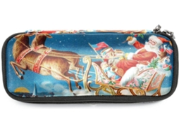 Caixa organizadora grande com estampa de Papai Noel e Renas, ideal para canetinhas, lápis e itens de maquiagem.