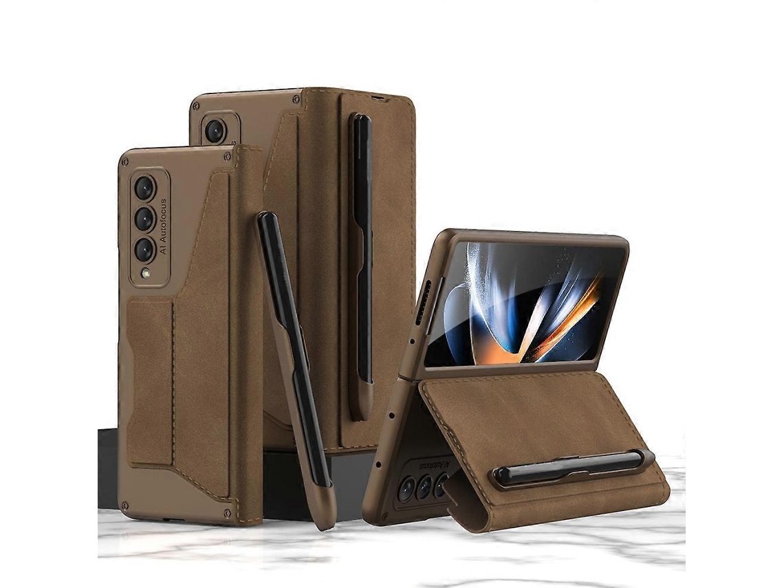 Capa De Couro Gkk Armor Flip Para Samsung Galaxy Z Fold4 Com Compartimentos Para Caneta.