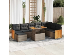Vidaxl 9 Pcs Conjunto Sofás Jardim Almofadões Vime Pe/acácia Cinzento