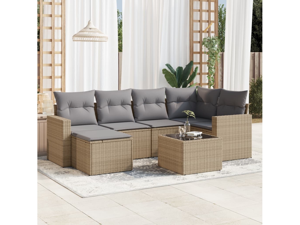 Vidaxl 7 Pcs Conjunto De Sofás P/ Jardim Com Almofadões Vime Pe Bege