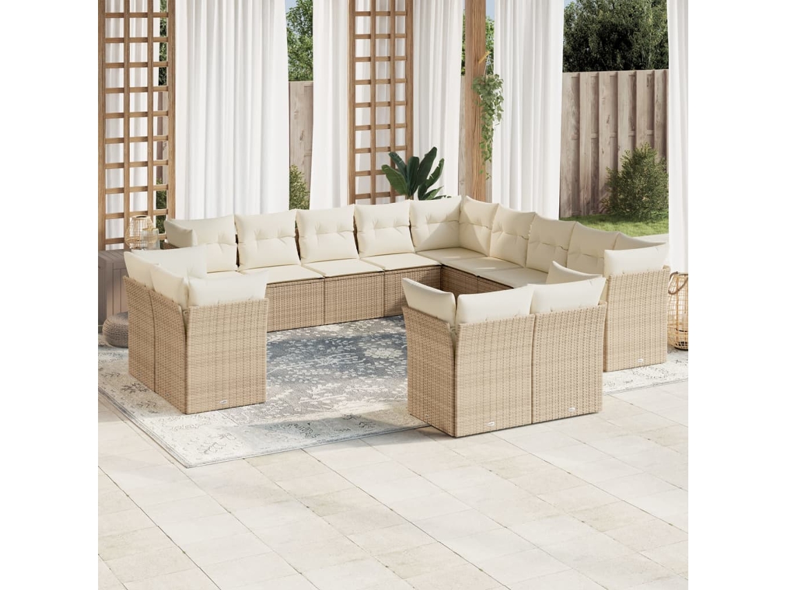 Vidaxl 13 Pcs Conjunto De Sofás P/ Jardim Com Almofadões Vime Pe Bege