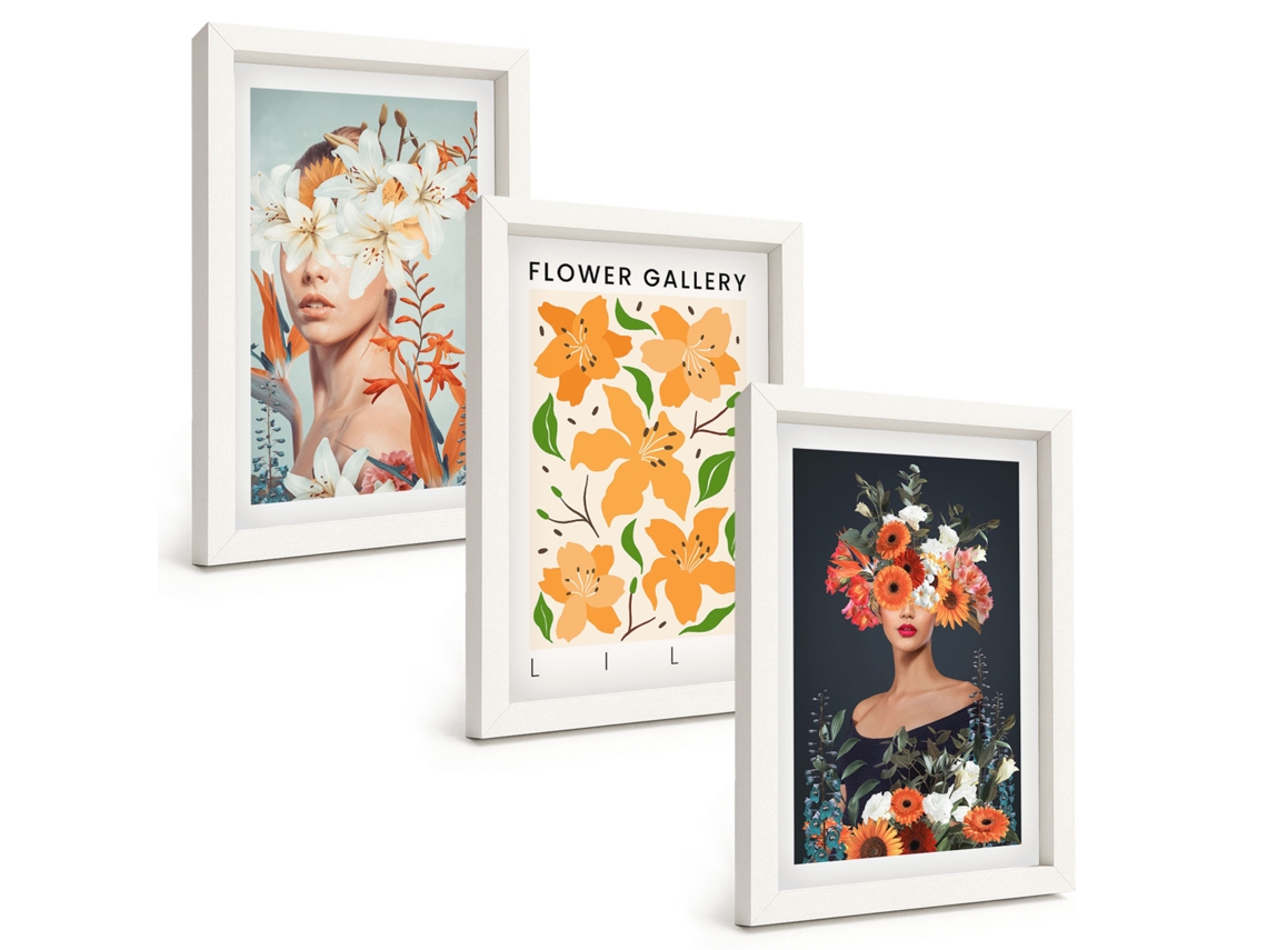 Conjunto De Pinturas Retratos Florais Com Buquês Moldura Branca Quadros Para A Sala De Estar Espelharte (3 Peças 20x30 Cm)