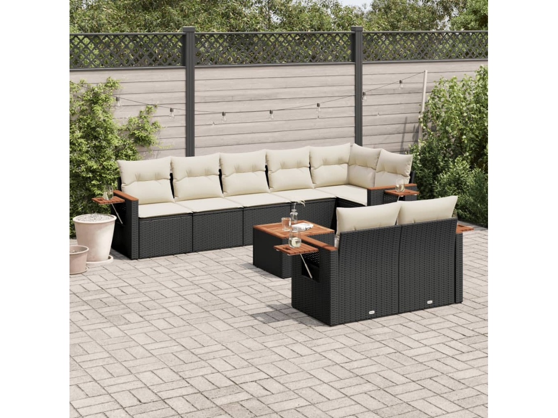 Vidaxl 9 Pcs Conjunto de Sofás P/ Jardim C/ Almofadões Vime Pe Preto