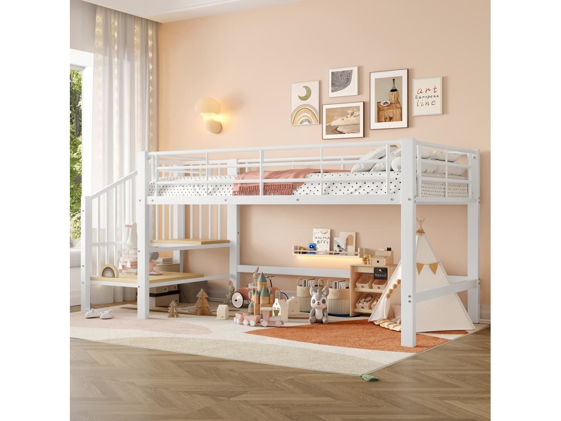 Cama Alta 90x200 - Altura Média Com Escada E Arrumação - Branco