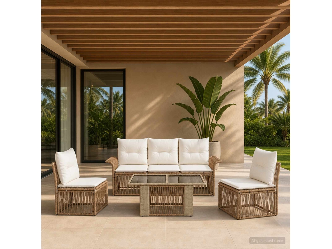 Vidaxl Conjunto De Sofá De Jardim 6 Unid. Bege E Branco Creme Vime Pe