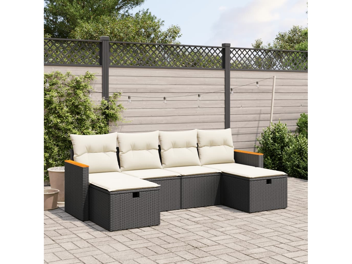 Vidaxl 6 Pcs Conjunto Sofás De Jardim C/ Almofadões Vime Pe Preto