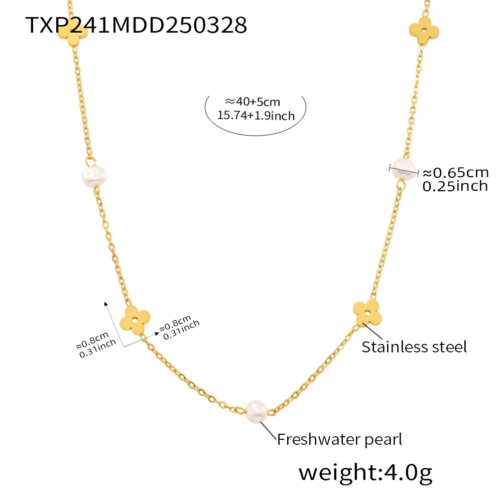 Conjunto Delicado De Colar E Pulseira Com Pérolas De Água Doce E Estampa Floral Em Aço Inoxidável.