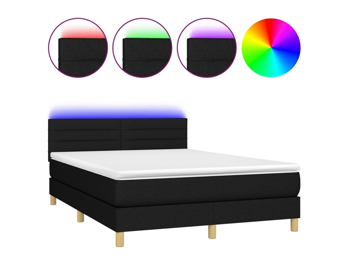 Cama Box Spring com Colchão e Led Tecido Preto MAISON EXCLUSIVE (140x190 cm)