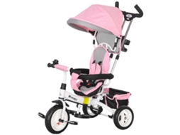 Triciclo Evolutivo 2 em 1 para Bebés 95x50x106 Cm Rosa (+12 Meses, Toldo, Guiador, Cinto Segurança, Cesto)