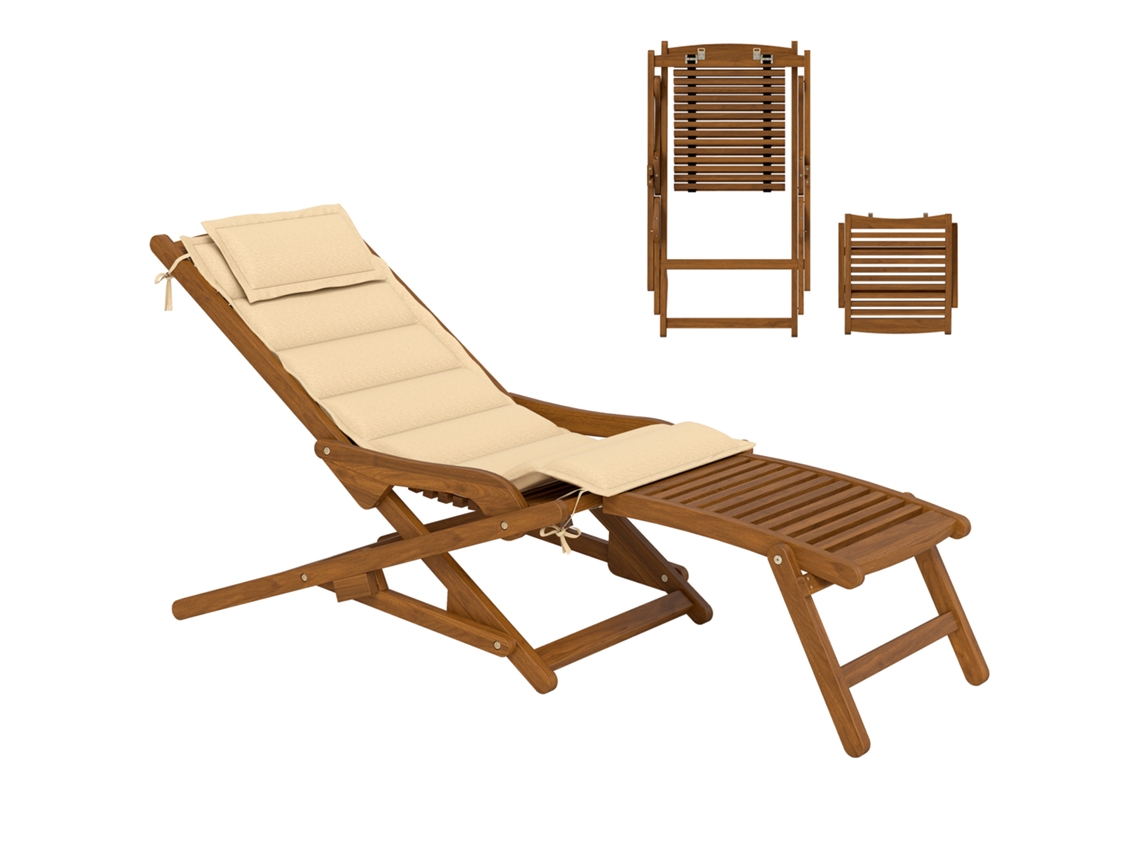 Espreguiçadeira de Madeira LAMAISON com Descanso Removível e Almofada, 158x61x70 cm, Bege