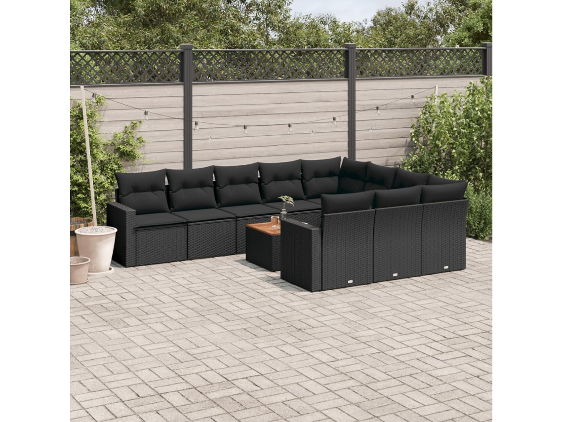 Vidaxl 11 Pcs Conjunto Sofás De Jardim C/ Almofadões Vime Pe Preto