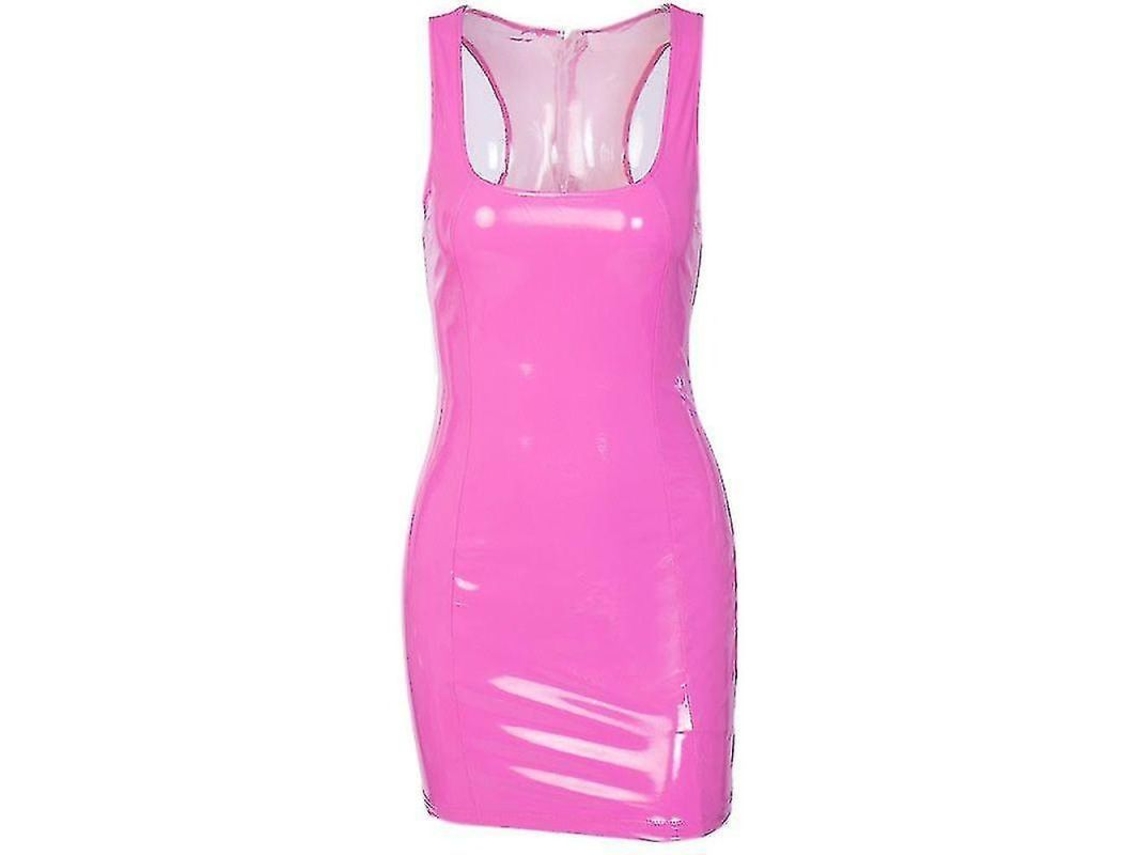 2026 vestido de Cuero Artificial Brillo Wetlook Escote Bajo Cierre Cremallera Espalda Mujer Vtz M Rosa