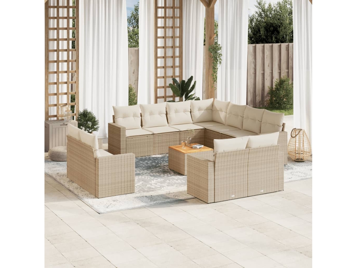 Vidaxl 12 Pcs Conjunto De Sofás P/ Jardim Com Almofadões Vime Pe Bege