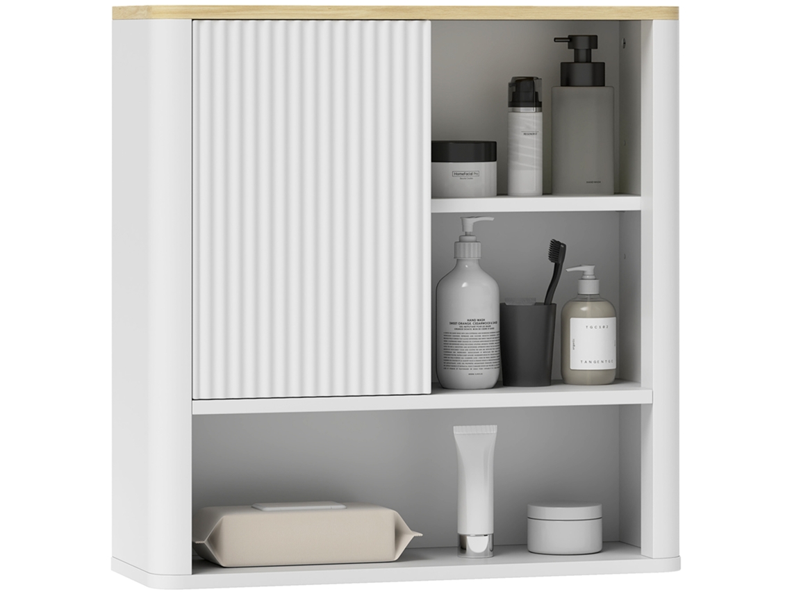 Armário de Parede para Casa de Banho com Porta Deslizante 5 Compartimentos e Prateleiras Ajustáveis 60x20x62 Cm Branco Ge
