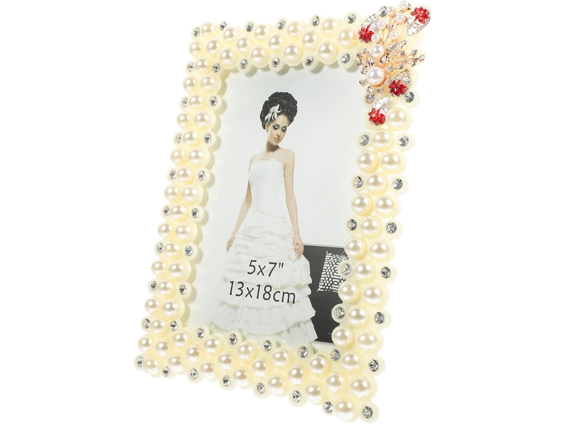 Porta Retratos Decorativo Strass Branco Pérolas Suporte Estável Decoração Elegante Ideal Fotos Preciosas Mesa GOKOCO