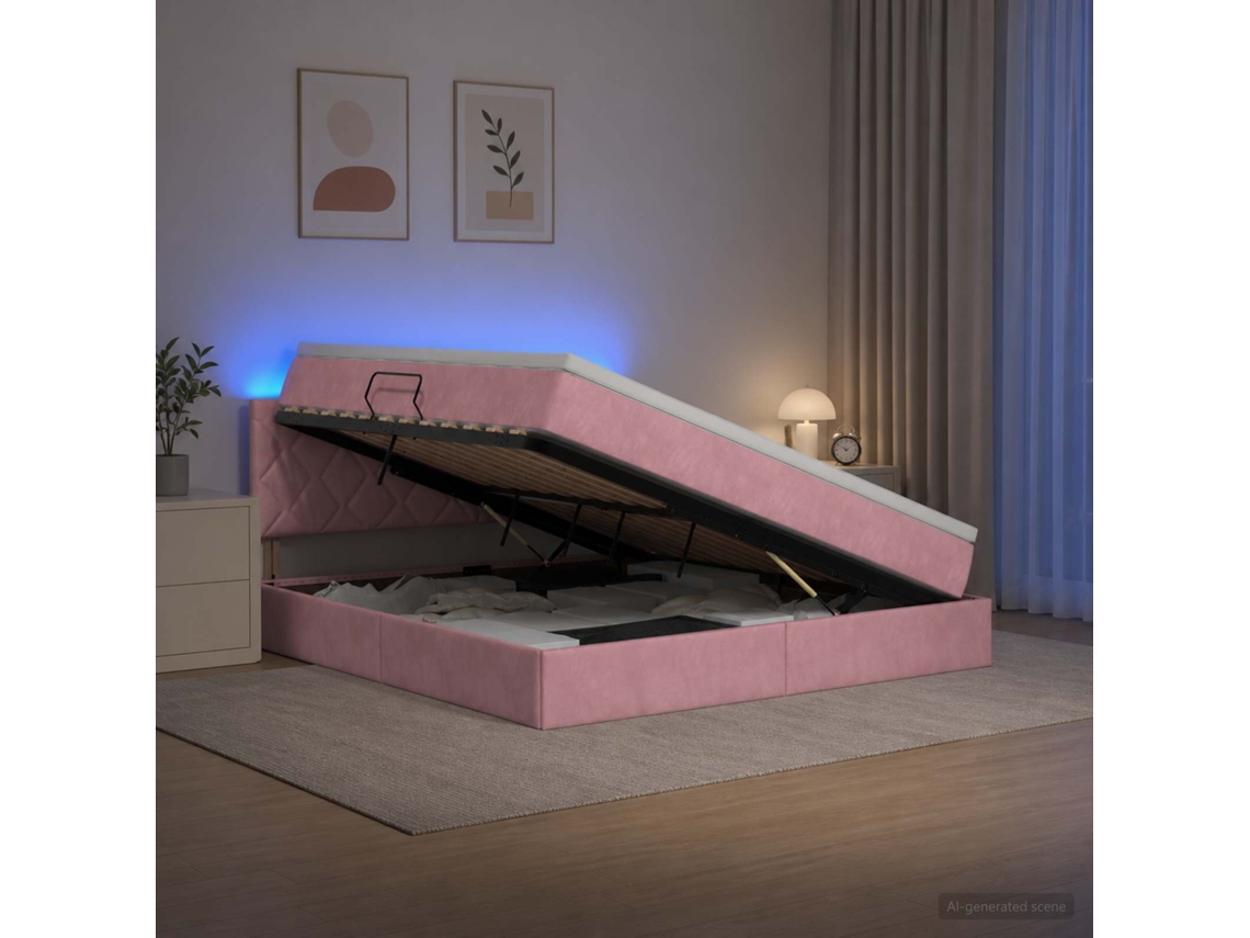 Vidaxl Cama De Armazenamento Led Com Colchão Rosa 160 X 200 Cm Veludo