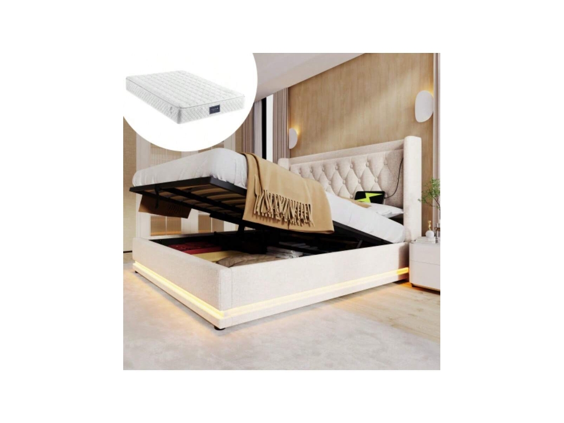 Cama Box Casal 160x200 Cm Com Cabeceira Acolchoada, Armazenamento Hidráulico, Usb Tipo-c E Led 3 Lados (inclui Colchão) - Bege Em Algodão
