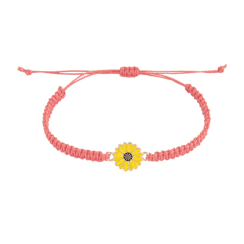 Pulseira Da Sorte Moderna Com Girassóis E Margaridas (vermelho Melancia), Feita À Mão Com Fio Encerado.