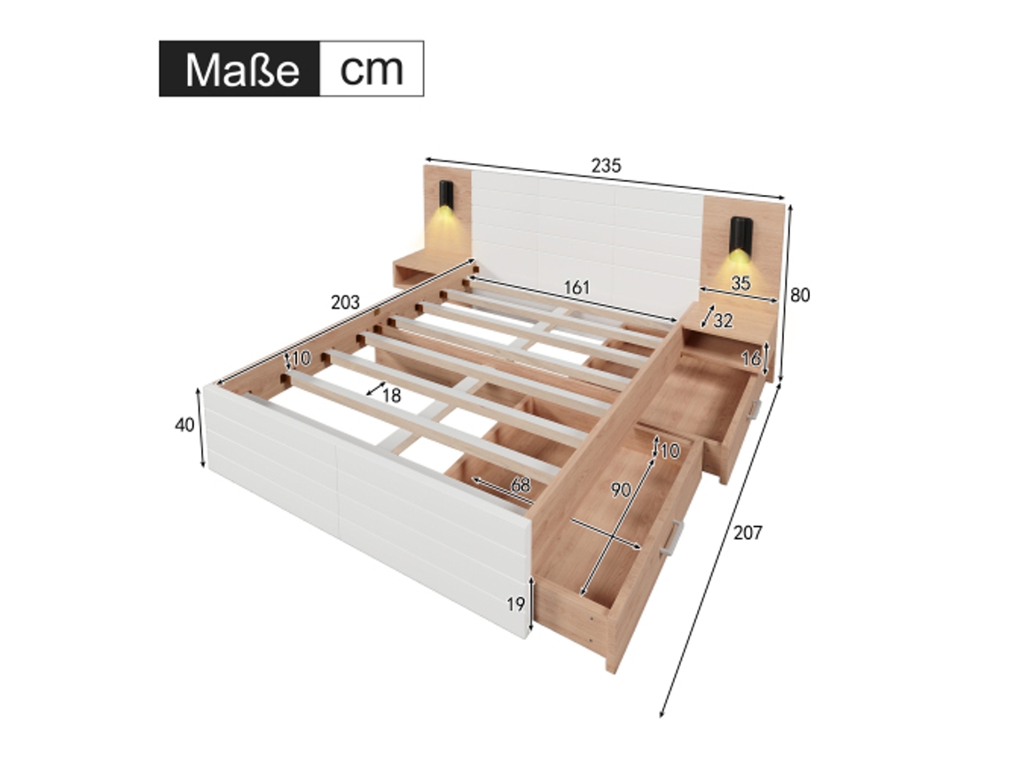 Cama De Casal Em Madeira 160x200cm Com 2 Gavetas, Cabeceira Com Luz De Leitura E Usb, Inclui 2 Mesinhas, Estrutura E Suporte Btforus (sem Colchão)