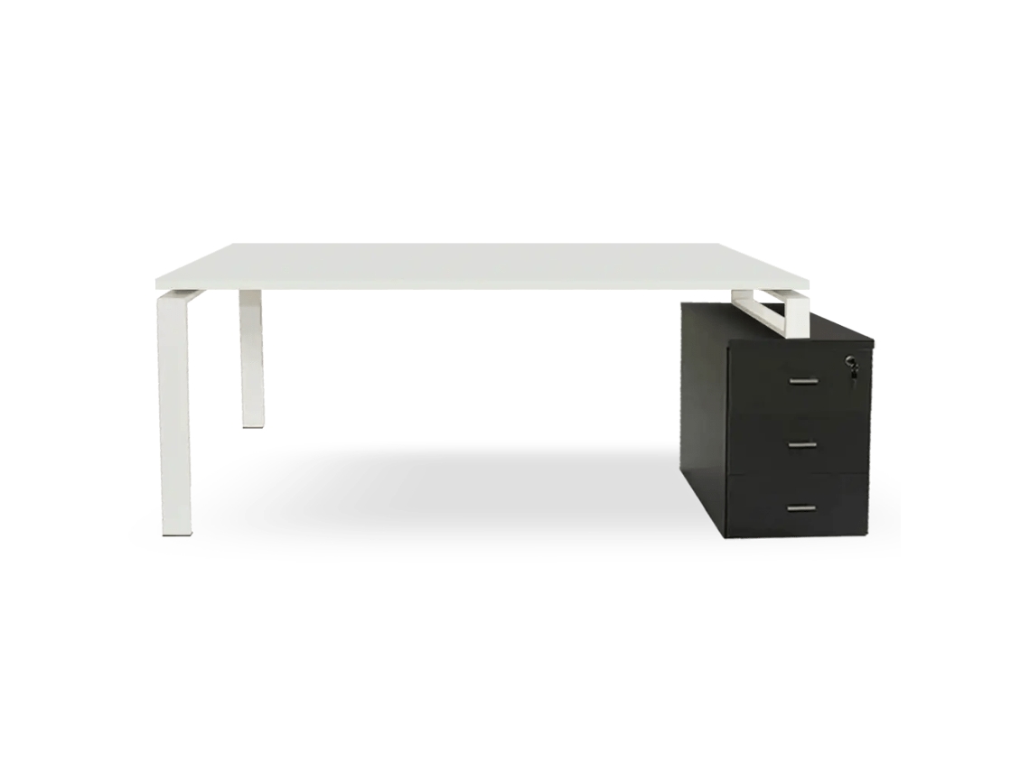 Mesa Com Gavetas Em Cinza Grafite. Estrutura De Metal Branca. 75 X 215,5 X 80 Cm. Tampo Branco. Ofilike