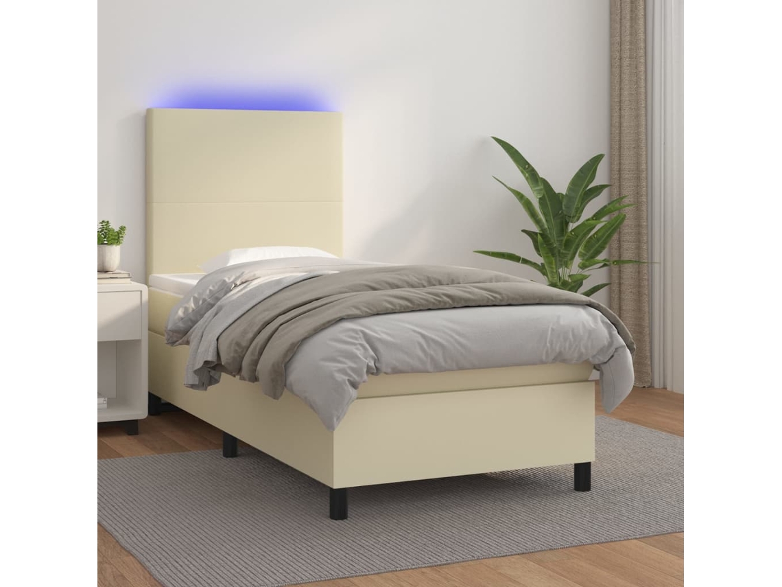 Vidaxl Cama Box Spring C/ Colchão/led 90x200 Cm Couro Artificial Creme
