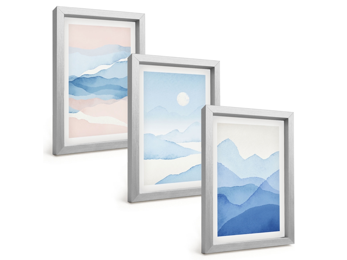 Conjunto De Pinturasmontanhas Em Aquarela Azul E Rosa Moldura Prateada Quadros Para A Sala De Estar Espelharte (3 Peças 20x30 Cm)