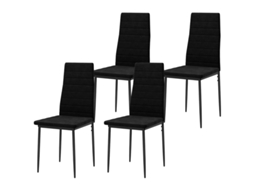 Juego de 4 sillas de comedor sin brazos, tapizadas en tela, con patas de metal, en color negro.