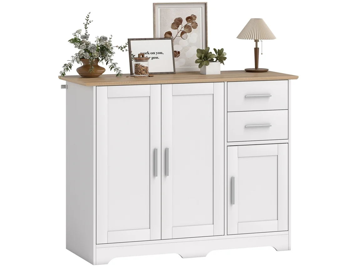 Buffet de Sala BTFORUS, com 2 gavetas, 3 portas, prateleira ajustável, 100x40x78cm, branco e madeira natural