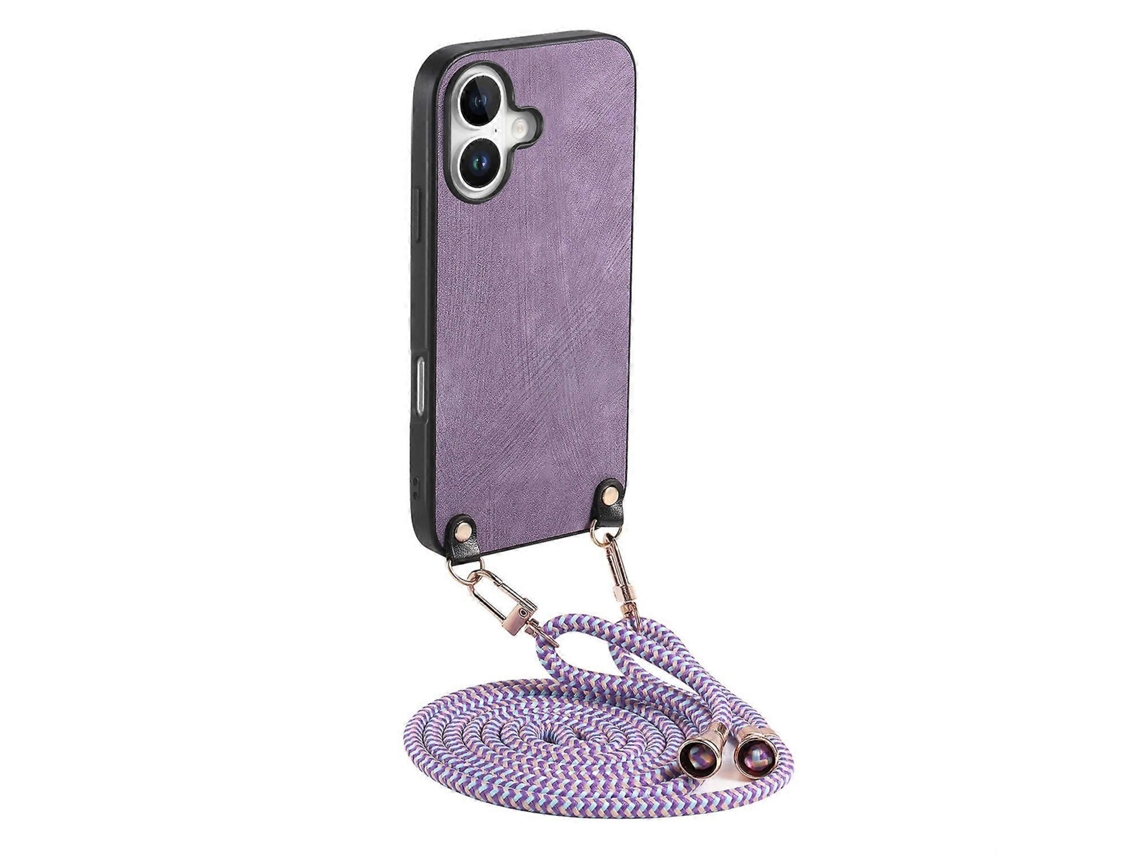 Capa Traseira De Couro Retrô Com Alça Ajustável Para Iphone 16 - Roxa