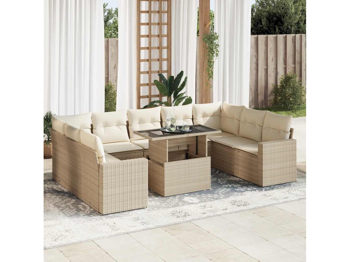 Vidaxl 10 Pcs Conjunto De Sofás P/ Jardim Com Almofadões Vime Pe Bege