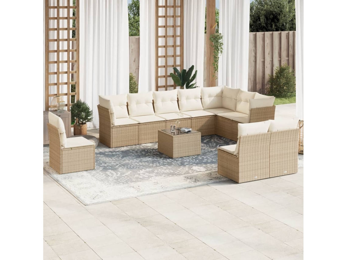 Vidaxl 11 Pcs Conjunto Sofás De Jardim C/ Almofadões Vime Pe Bege