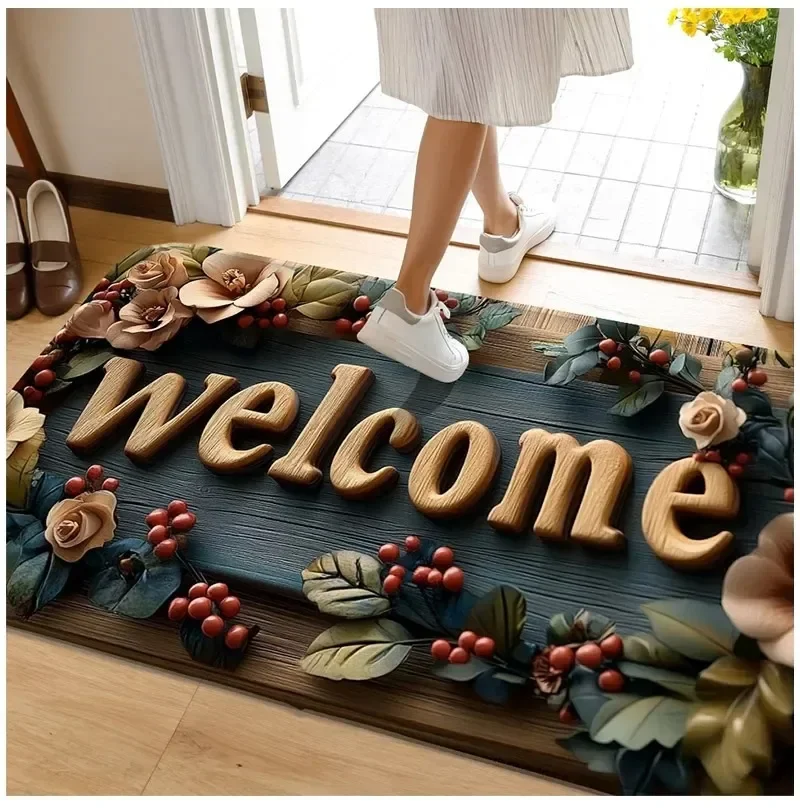 Tapete De Entrada Com Estampa Floral Retrô E Textura De Madeira (estilo 4, 40x60cm).