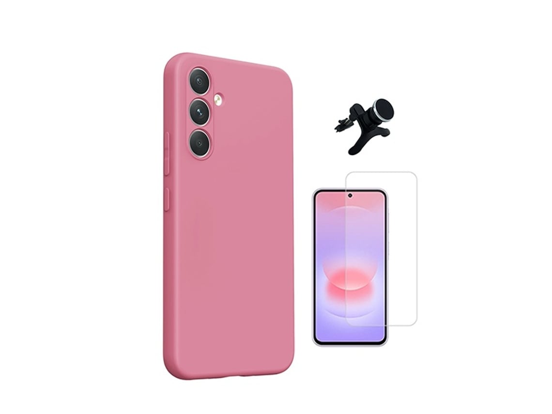 Kit Vidro Temperado Cleargorilasglass Capa Proteção Silicone Suporte Reforçado De Carro Gift4me Para Samsung Galaxy A27 - Rosa