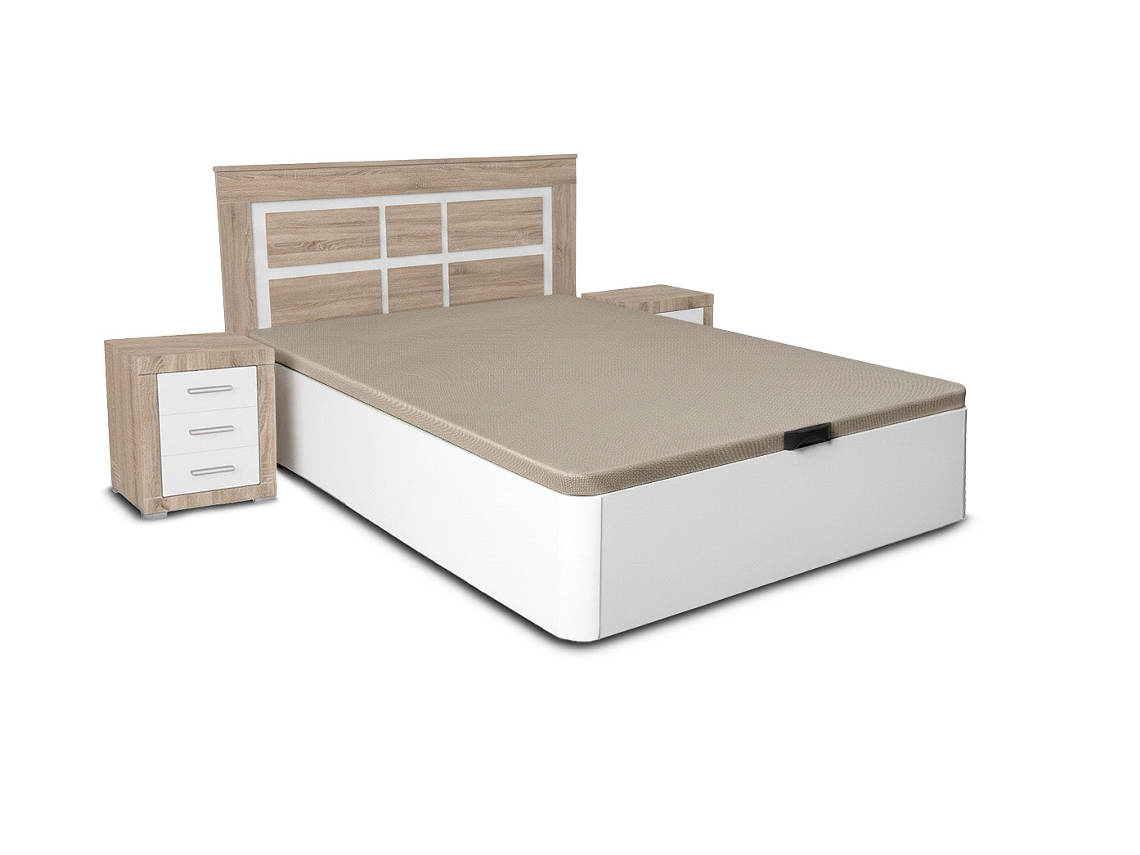 Conjunto De Cama Box De 135 Cm Branca Com Cabeceira E 2 Mesas De Cabeceira Em Cambria E Branco. Saldosystocks
