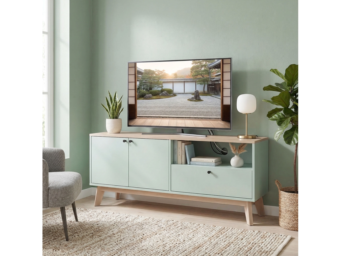 Suporte Para Tv De Até 36 Polegadas, 120 Cm, Na Cor Verde Claro, Com Duas Portas, Uma Gaveta E Um Compartimento Aberto -br