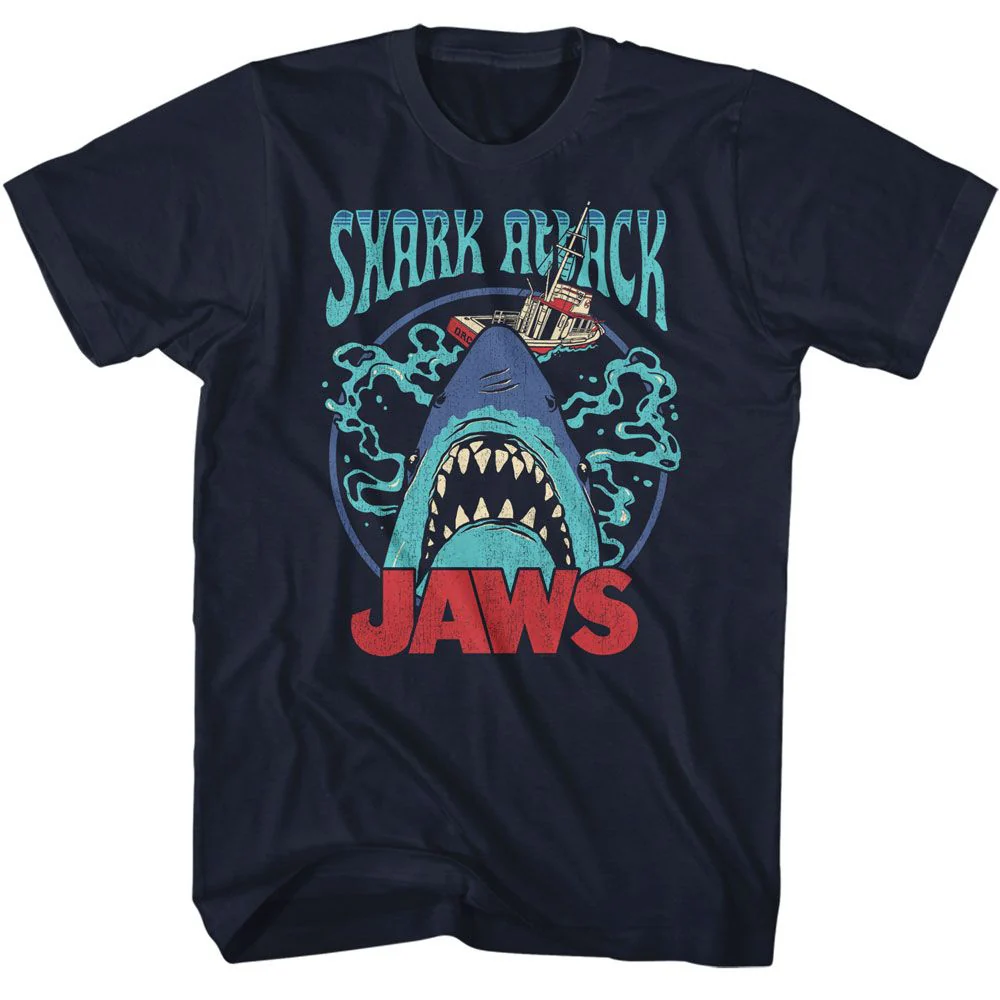 Unisex Adult T-shirt Rockinstone Jaws Movie Swirly Water Navy Sizel