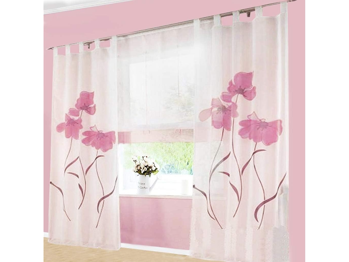Cortina Estilo Xale, Conjunto De 2 Peças, Estampa Floral, Para Sala Estar E Quarto, Com Fivela . Aquaforge (150 Cm Largura, 145 Altura, Rosa)