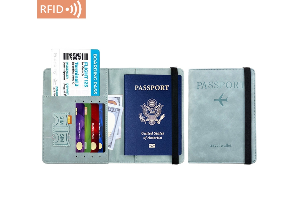Porta-passaporte Rfid E Porta, Cartões Em Couro Pu Azul Celeste