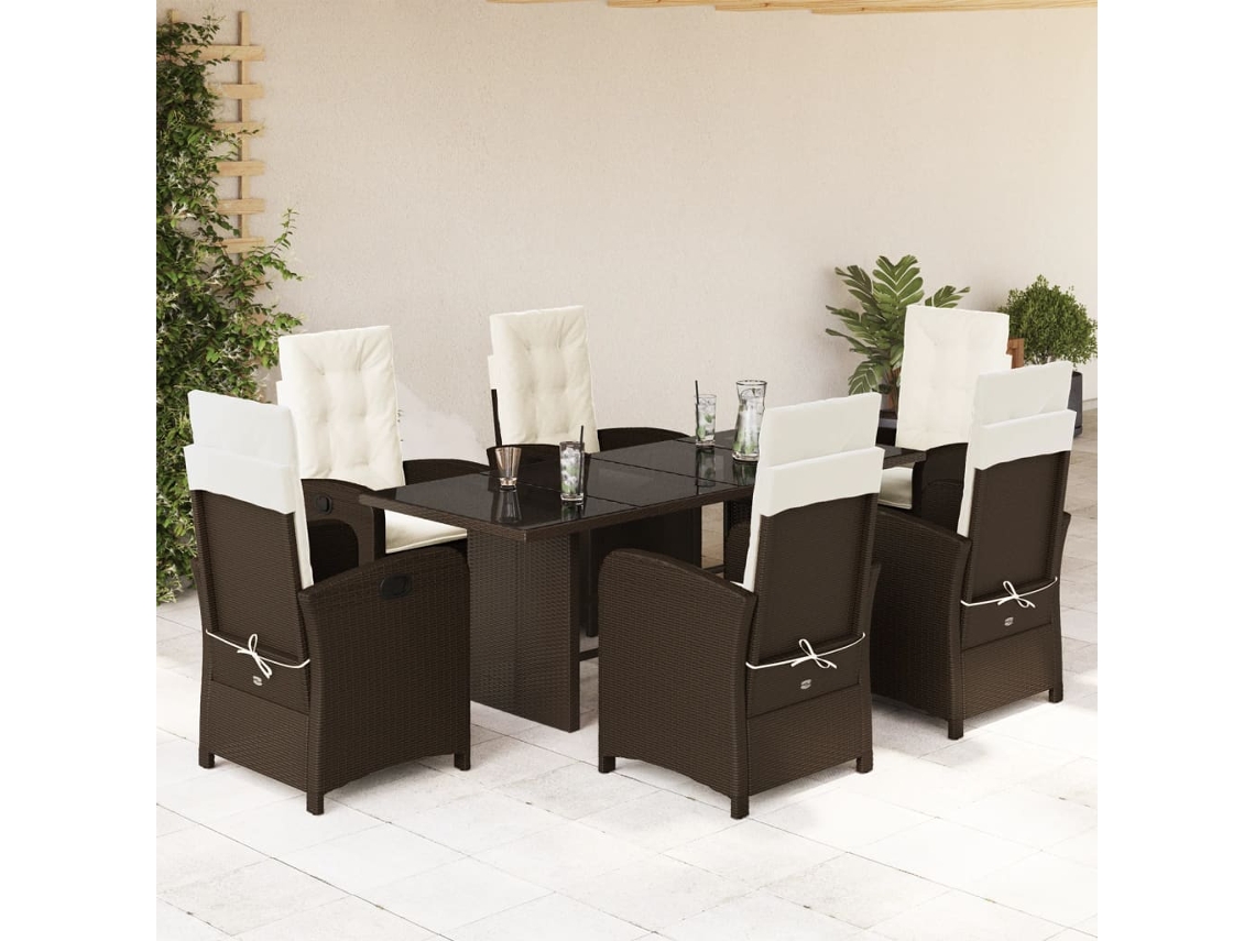 Vidaxl 7 Pcs Conjunto Jantar P/ Jardim C/ Almofadões Vime Pe Castanho