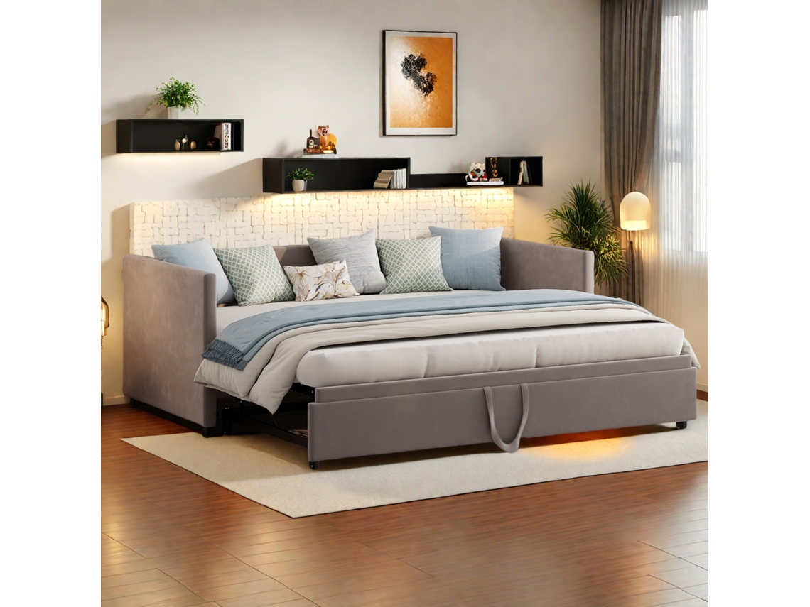Sofá Cama 90x200/180x200 Cm Com Cama Extensível, Sofá Cama Juvenil, Estofado Em Veludo, Cinza Ycone