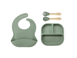 Talheres Infantil de Silicone 4 em 1 com Prato, Babete, Colher e Garfo,verde GERTIZ