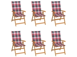 Vidaxl Conjunto De 6 Cadeiras Dobráveis Com Almofadas Em Padrão Xadrez Vermelho E Madeira Maciça De Teca.